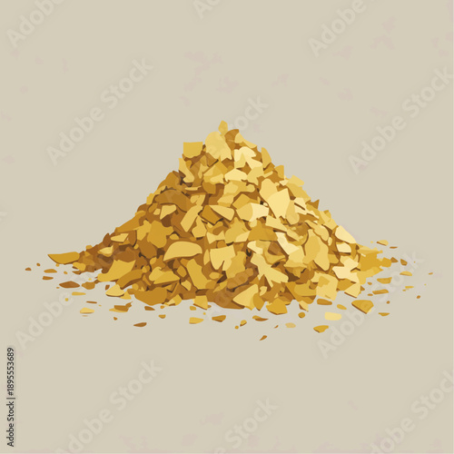 Vector illustration of a pile of gold leaf flakes or nuggets on a split beige background.