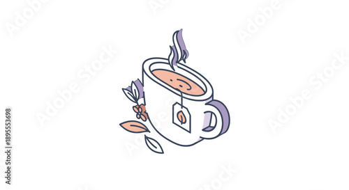 A simple line drawing of a steaming cup of tea with leaves.