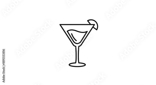 Simple line drawing of a cocktail glass with a drink and garnish.