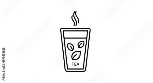 Simple line drawing of a cup of tea with tea leaves.