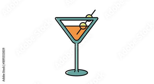A stylized illustration of a martini glass with an orange cocktail and olive garnish.