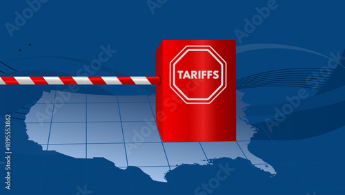 USA tariffs - map with red barrier and stop sign, trade restrictions banner vector illustration
