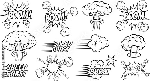 Comic cartoon line explosive effect, speed burst motion element set. Comic boom burst, explosive smoke, line speed cartoon element icon.