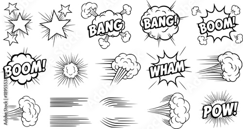 Comic cartoon line explosive effect, speed burst motion element set. Comic boom burst, explosive smoke, line speed cartoon element icon.