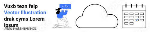 Cloud computing, workflow management, data sharing, development, scheduling, team collaboration. A person coding on a laptop, cloud icon and calendar. Cloud computing and workflow management