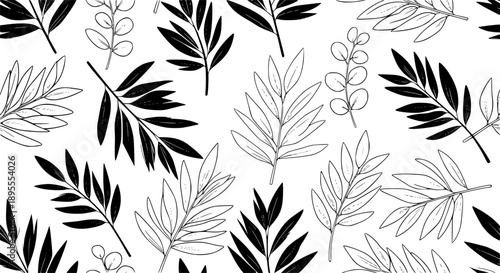 Leaves and branches vector seamless pattern. Brush leaves and twigs. Olive, sage or eucalyptus branch modern pattern.