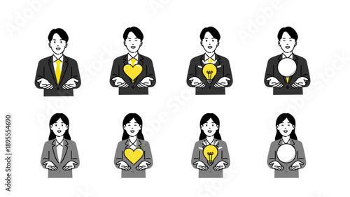 アイコンを両手で支えるビジネスパーソンとシンボルアイコンのセットイラスト