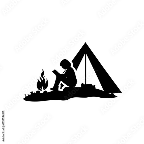 A person sitting by a campfire, reading near a tent in a serene wilderness setting, viewed from the side in a simple illustration