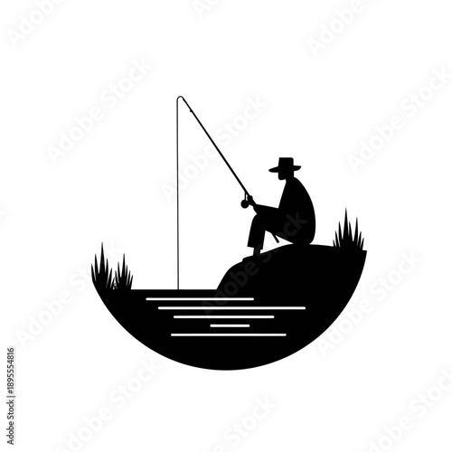 Man fishing on a hill by the water, vector illustration