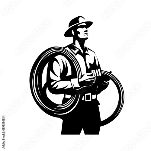 Firefighter holding a hose in a professional stance, vector illustration.
