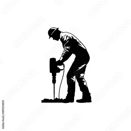 Worker operating a drill on construction site, vector illustration