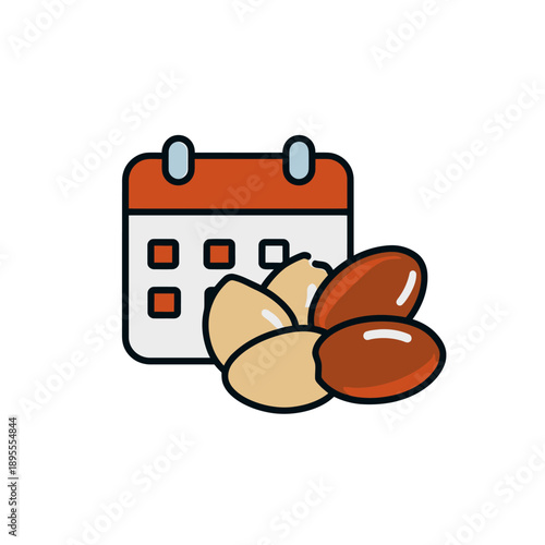 A calendar icon with nuts on a clean white surface viewed from directly above