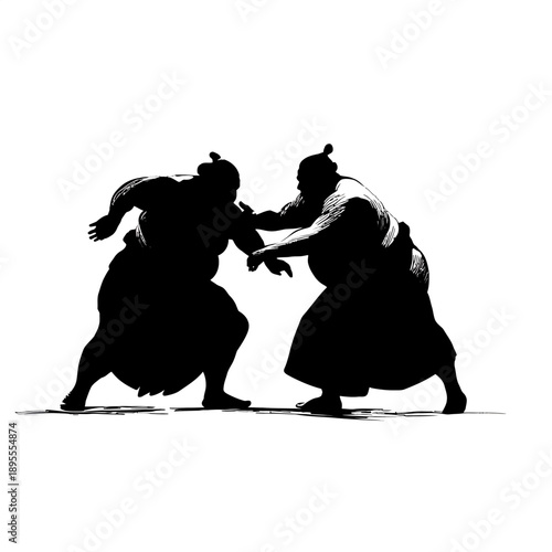 Two silhouetted figures in traditional attire engage in a fierce tug-of-war, vector illustration