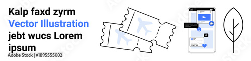 Travel planning, eco-friendly technology, ticket management, digital solutions, sustainable travel, mobile apps. Airplane tickets, phone displaying travel app and a leaf symbol. Travel planning