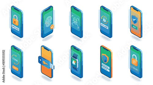 Isometric Vector Icon Set of Two-Factor Authentication (2FA) Methods on Smartphones, Featuring Fingerprint, Face Recognition, SMS Code, Security Key, and Password Protection for Mobile Security.