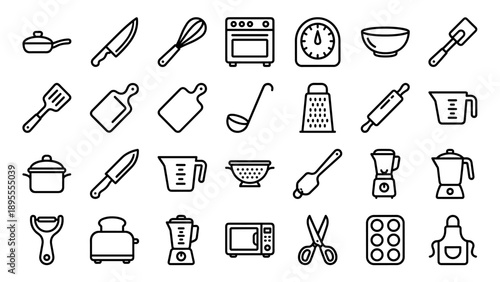 Vector Line Icon Set of Kitchen Tools and Cooking Utensils Featuring Pan, Knife, Whisk, Oven, Timer, Bowl, Spatula, Grater, Rolling Pin, Blender, Toaster, Microwave, and More for Culinary Design.