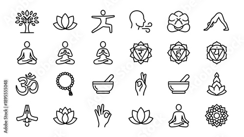 Set of 24 Yoga and Meditation Line Icons Featuring Poses, Chakras, Lotus Flowers, Om Symbol, Mudras, and Breathing Exercises for Wellness, Mindfulness, Spiritual Health, Zen, and Holistic Lifestyle