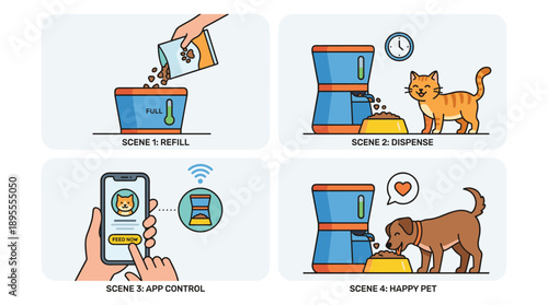 Automated Smart Pet Feeder Vector Illustration Set Featuring Four Scenes: Refilling Food, Scheduled Dispensing for a Cat, Remote App Control via Smartphone, and a Happy Dog Eating Healthy Meal