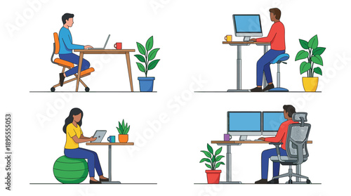 Set of four flat vector illustrations showing diverse people working in ergonomic home office setups with specialized seating including a kneeling chair, saddle stool, and fitness ball desk.