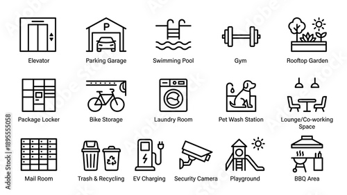 Apartment Building Amenities and Facilities Icon Set: Minimalist Vector Line Art for Real Estate, Property Management, Including Gym, Pool, Parking, Laundry, Pet Wash, EV Charging, and Security.