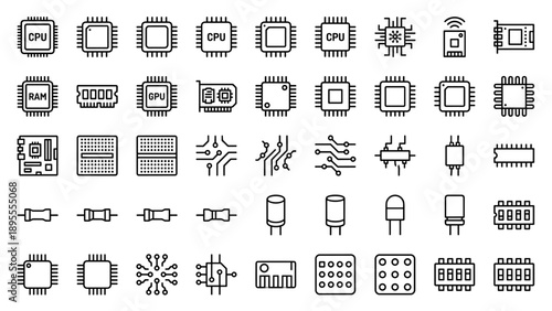 Comprehensive Collection of Electronic Component and Microchip Line Icons Including CPU, GPU, RAM, Motherboard, Resistors, and Circuit Board Traces in a Minimalist Outline Style for Tech Design.