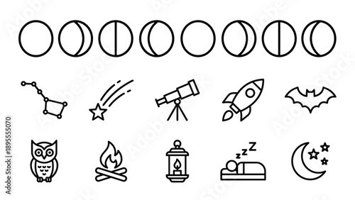 Vector Set of Moon Phases and Night Line Icons Featuring Astronomy Elements Like Telescope, Rocket, Constellation, Shooting Star, Owl, Bat, Campfire, Lantern, and Sleeping Person Icons.