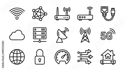 Set of Minimalist Network and Wireless Connectivity Line Icons featuring WiFi, 5G, Router, Cloud, Server, Satellite Dish, Ethernet, Internet Security, Speedometer, and Smart Home Technology.