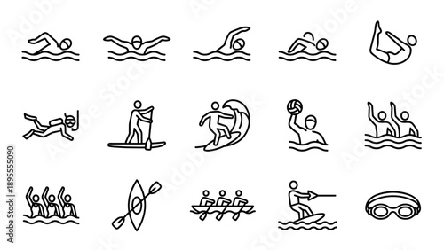 Minimalist Vector Line Icons Set for Water Sports and Swimming Activities Including Surfing, Scuba Diving, Kayaking, Rowing, Water Polo, Synchronized Swimming, Diving, and Goggles for Web Design.