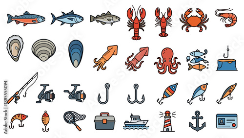 Comprehensive Vector Set of Seafood and Fishing Line Icons Featuring Salmon Tuna Lobster Crab Shrimp Squid Octopus Fishing Rod Reel Hooks Lures Net Boat Lighthouse Anchor and Tackle Box