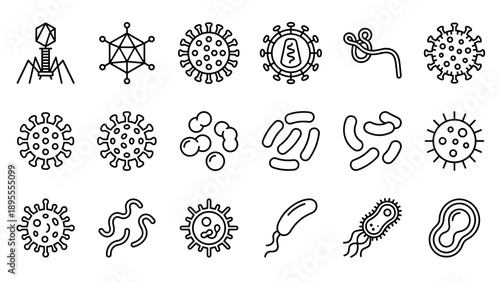 Vector Set of Virus and Bacteria Structure Line Icons in Minimalistic Style. Collection of Unique Microorganisms Including Bacteriophage, Adenovirus, Ebola, Coronavirus, Bacilli, and Pathogens.