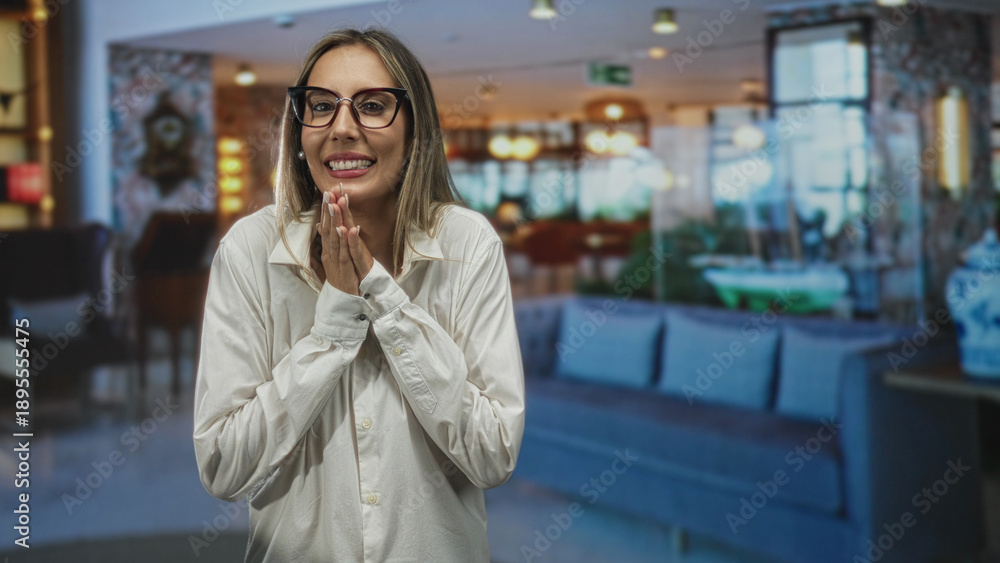 Fototapeta premium Woman hispanic young blonde clasping hands near face in hotel building lobby, smiling with glasses and white shirt and pearl earring; hope.