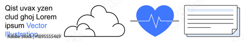 Cloud computing, healthcare, data management, communication, digital records, information sharing. Cloud, heart with ECG line and a document icon. Cloud computing and healthcare technology concepts