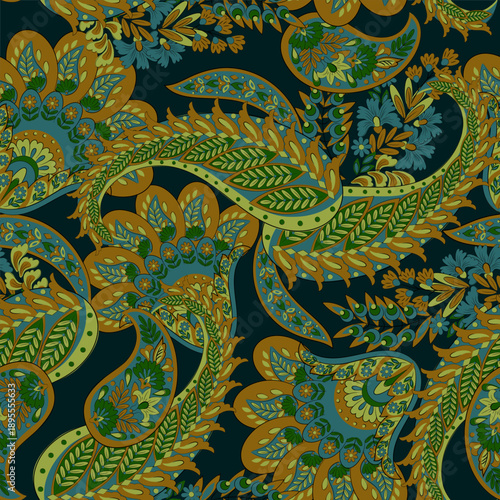 Floral seamless pattern with paisley ornament. Vector illustration in asian textile style
