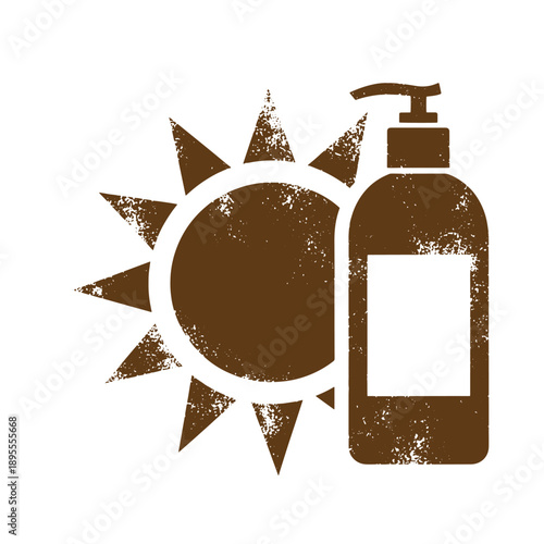 Vintage Grunge texture Distressed sun and sunscreen bottle icon for summer protection and skin care products  symbolizing sun safety and skincare routine
