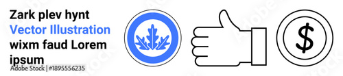 Brand identity, rating approval, financial success, certification, user feedback, quality assurance. A blue badge, hand thumbs-up and dollar sign icons. Brand identity and rating approval concept