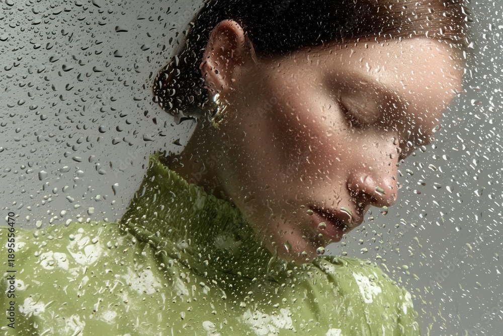 Fototapeta premium Soft and emotional portrait of a woman in a green floral outfit behind a rain-covered glass, evoking serenity, spring renewal, and quiet reflection.