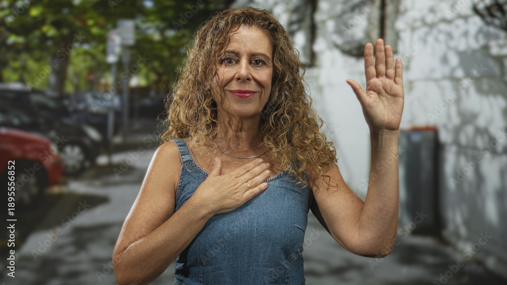 Naklejka premium Woman places left hand on chest and raises right hand in oath gesture on a city street wearing denim sleeveless top, ring visible; sincerity commitment.