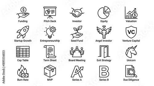 Comprehensive Set of 20 Startup and Venture Capital Line Icons Featuring Funding, Pitch Deck, Investor, Equity, Valuation, Startup Growth, Seed Fund, Angel Investor, Unicorn, and Due Diligence.