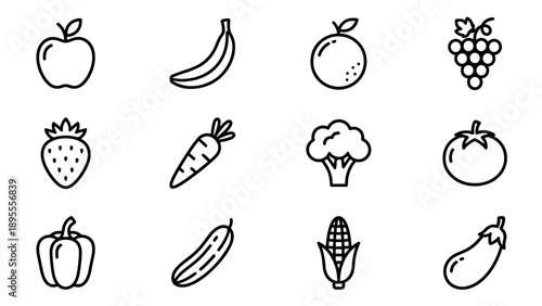 Set of 12 Minimalist Fruit and Vegetable Line Icons, Vector Illustration Featuring Apple, Banana, Orange, Grapes, Strawberry, Carrot, Broccoli, Tomato, Bell Pepper, Cucumber, Corn, and Eggplant.