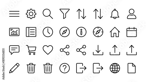 Comprehensive collection of 32 minimalist black line icons for UI and UX design, including menu, settings, search, filter, sort, notification, profile, dashboard, home, calendar, and share symbols.