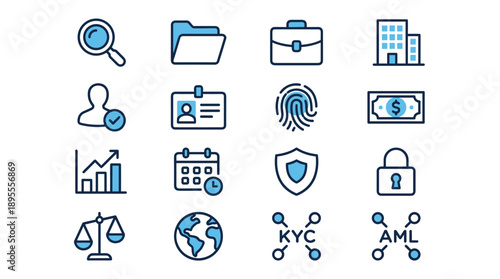 Vector Icon Set of 16 Legal and Compliance Icons for KYC and AML Processes Featuring Magnifier, Folder, Briefcase, Building, User Verification, ID Card, Fingerprint, Money, Chart, Shield, and Lock