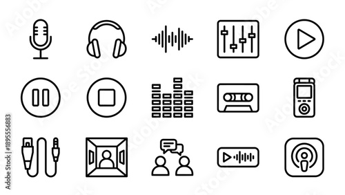 Comprehensive Set of 15 Podcast and Audio Recording Line Icons; Minimalist Vector Symbols for Microphone, Headphones, Sound Waves, Mixer, Playback Controls, Cassette, and Digital Voice Recorder.
