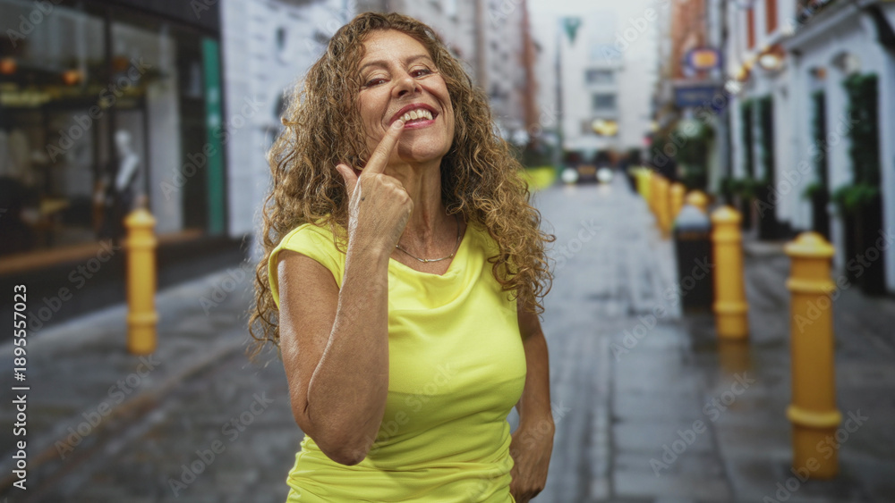 Fototapeta premium Woman points finger to teeth while smiling broadly in a yellow top on a wet narrow cobblestone street; confidence celebration.