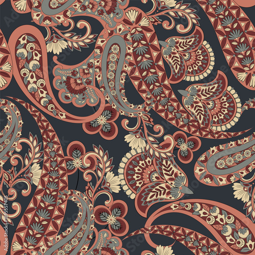 Floral seamless pattern with paisley ornament. Vector illustration in asian textile style