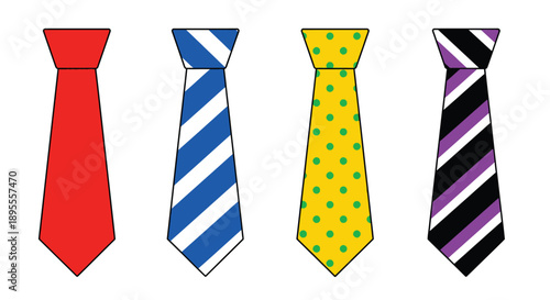 Four colorful neckties displayed in a row various patterns shown