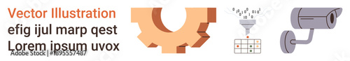 Technology, industry, automation, security, data analysis, workflow. Gear system, data stream and surveillance camera displayed. Technology and industry highlight interconnected processes