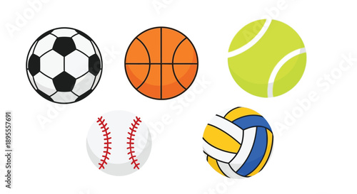 A collection of colorful sports balls including soccer basketball and tennis