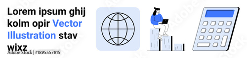 Global communication, business analysis, finance, digital tools, economy, growth. Globe ion, woman on bars with a laptop calculator symbol. Global communication and business analysis concept