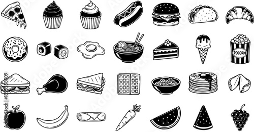 Black and White Line Art Food Icons Collection for Diverse Cuisine, Restaurant Menus, and Snack Illustrations