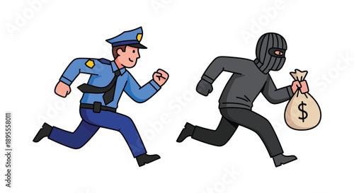 A police officer chases a thief carrying a bag of money